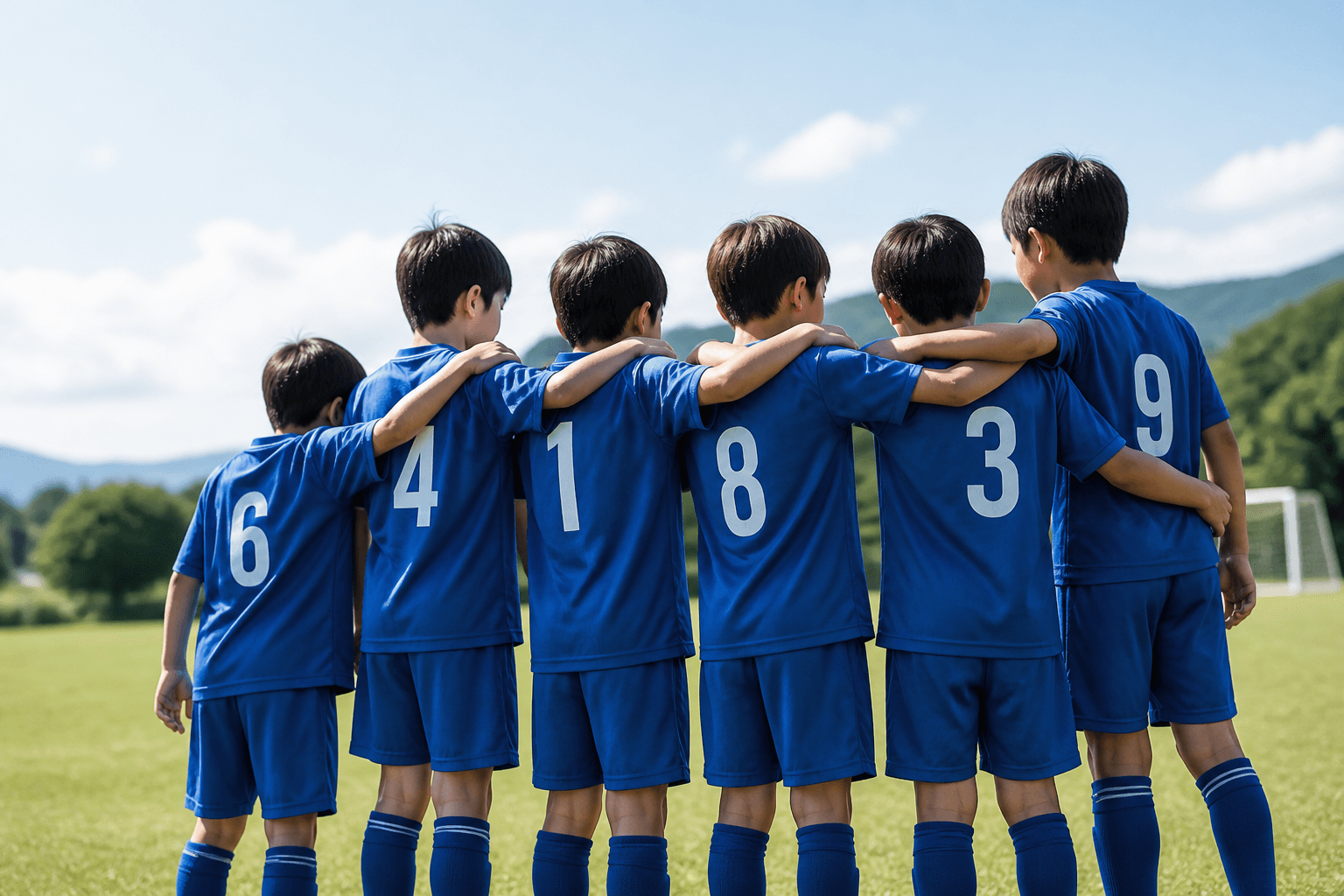 芝生のグラウンドで肩を組む少年スポーツチーム
